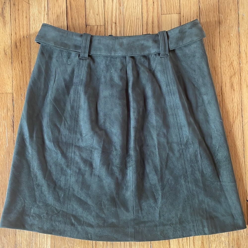 Olive green suede mini skirt, mid thighs, H&M size 8.
